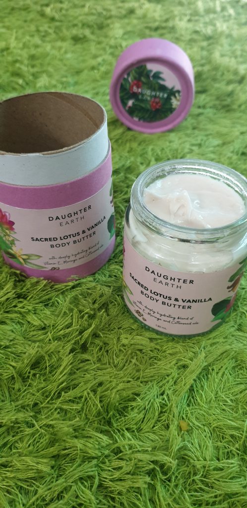 Using Daughter Earth products in my daily skin care regime , Sacred Lotus and Vanilla Body Butter